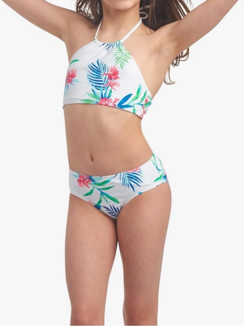 Kanu Surf Girls White Tropical Floral High Neck Bikini, 2-Piece Swimsuit Size 14